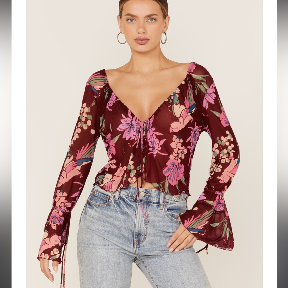 NWT Free People women’s floral Print of Paradise mesh crop top size M
